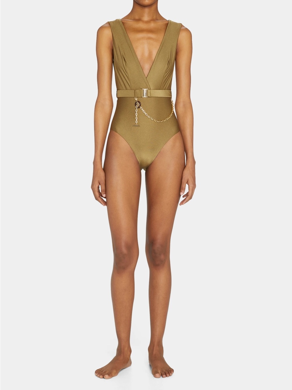 Zimmermann Olive Pattie Plunge Belted Gold Chain One-Piece Swimsuit Size 6/8 - Picture 2 of 7